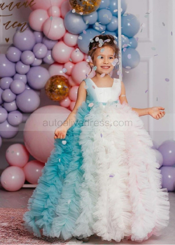 Rainbow Tulle Ruffled Flower Girl Dress First Birthday Dress